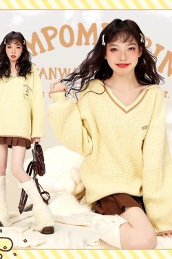Kawaii Pompompurin V-Neck Sweater - Y2K Summer, 90s Grunge, Retro Style, Pastel Goth,