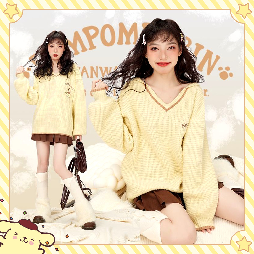 Kawaii Pompompurin V-Neck Sweater - Y2K Summer, 90s Grunge, Retro Style, Pastel Goth,