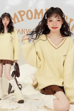 Kawaii Pompompurin V-Neck Sweater - Y2K Summer, 90s Grunge, Retro Style, Pastel Goth,