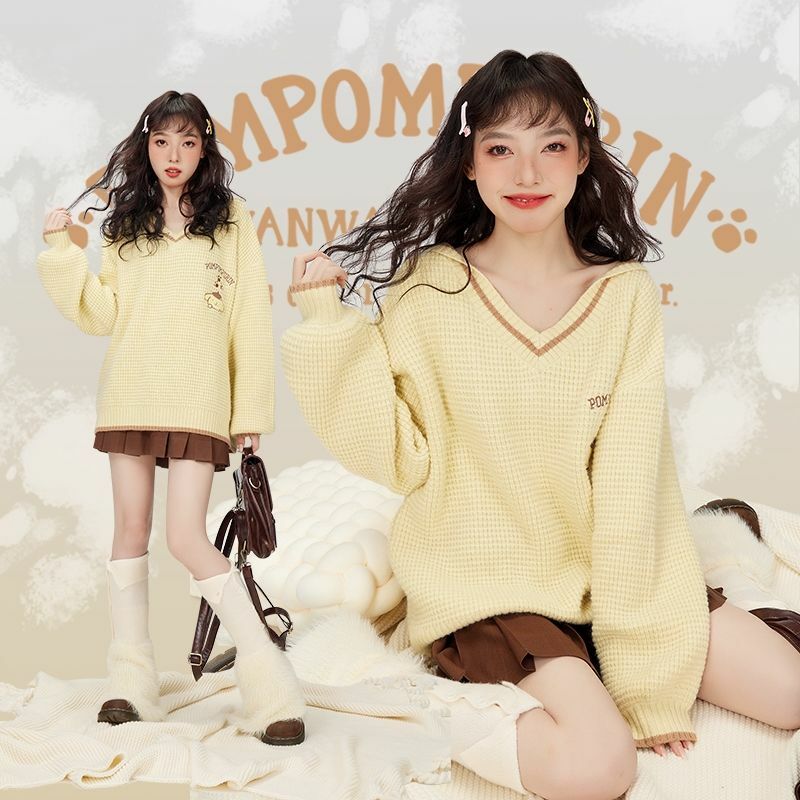 Kawaii Pompompurin V-Neck Sweater - Y2K Summer, 90s Grunge, Retro Style, Pastel Goth,
