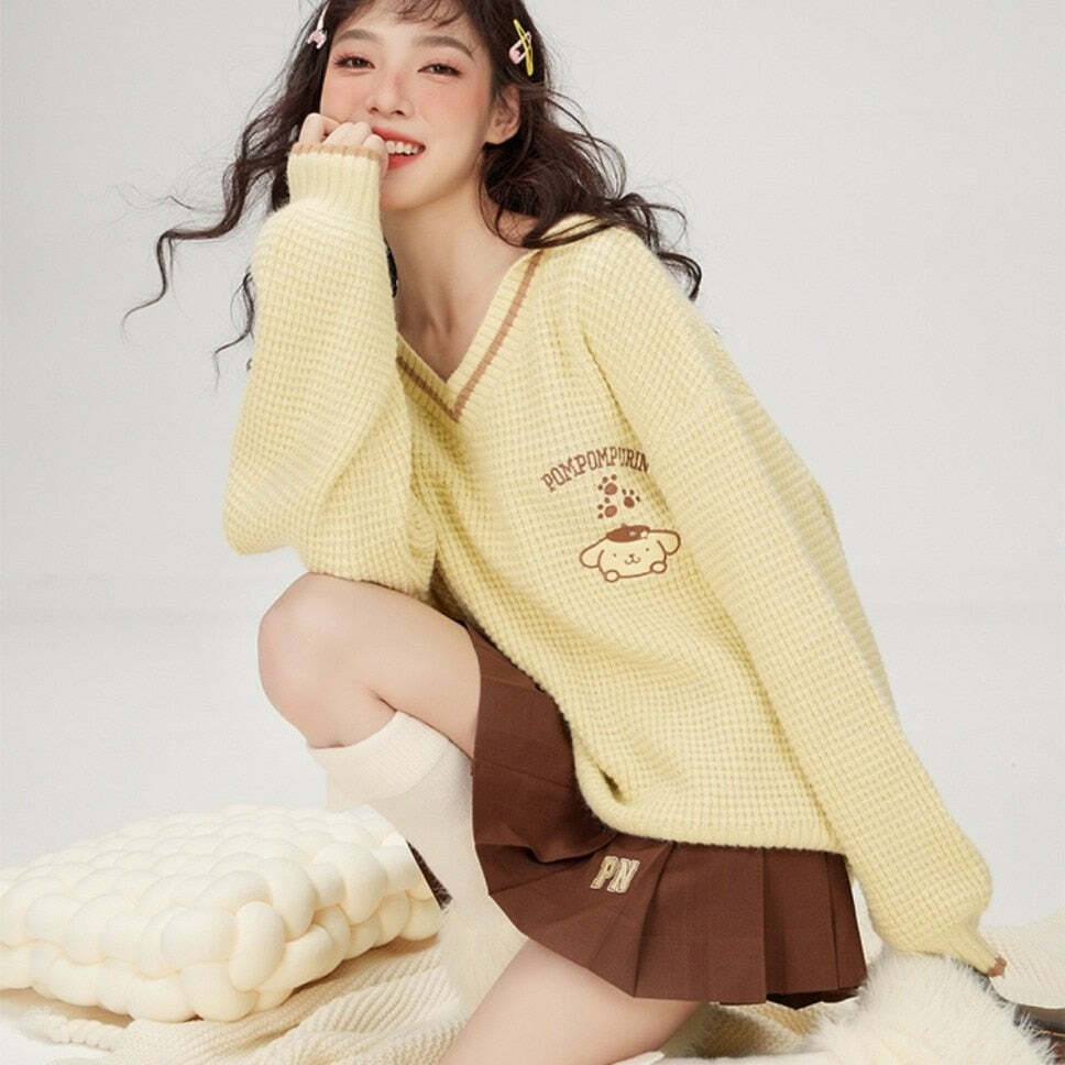 Kawaii Pompompurin V-Neck Sweater - Y2K Summer, 90s Grunge, Retro Style, Pastel Goth,