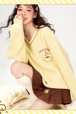 Kawaii Pompompurin V-Neck Sweater - Y2K Summer, 90s Grunge, Retro Style, Pastel Goth,