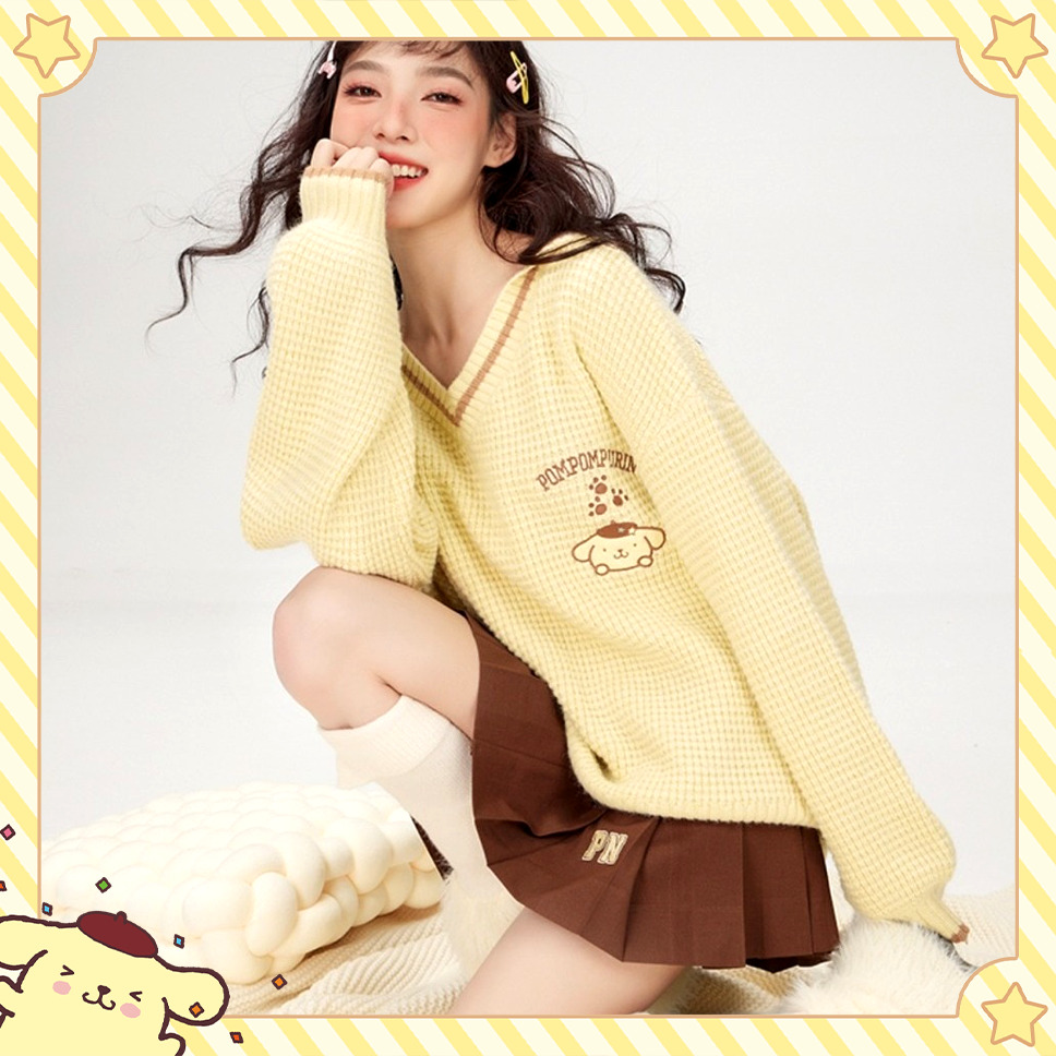 Kawaii Pompompurin V-Neck Sweater - Y2K Summer, 90s Grunge, Retro Style, Pastel Goth,