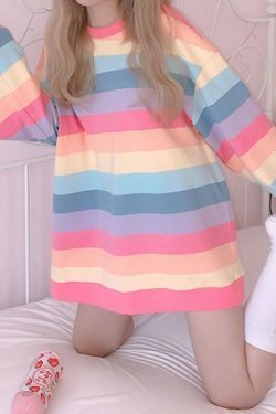 Kawaii Rainbow Stripe Sweatshirt - Y2K Summer, 90s Grunge, Retro Pastel Goth, Y2K Popstar Outfit