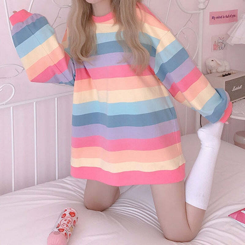 Kawaii Rainbow Stripe Sweatshirt - Y2K Summer, 90s Grunge, Retro Pastel Goth, Y2K Popstar Outfit