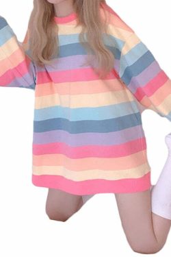 Kawaii Rainbow Stripe Sweatshirt - Y2K Summer, 90s Grunge, Retro Pastel Goth, Y2K Popstar Outfit
