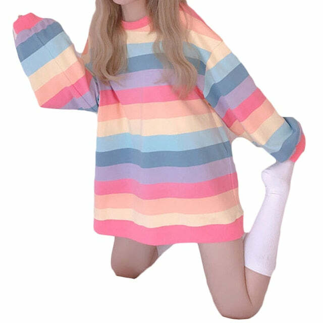 Kawaii Rainbow Stripe Sweatshirt - Y2K Summer, 90s Grunge, Retro Pastel Goth, Y2K Popstar Outfit
