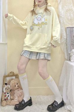 Kawaii Soft Yellow Hoodie - Cute Sheep Y2K Summer Outfit, 90s Fashion, Grunge, Retro Style