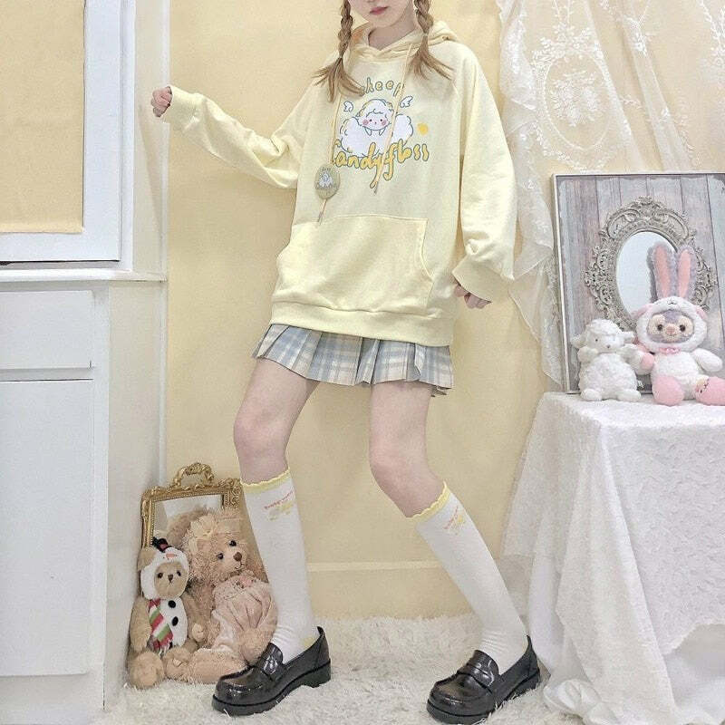 Kawaii Soft Yellow Hoodie - Cute Sheep Y2K Summer Outfit, 90s Fashion, Grunge, Retro Style