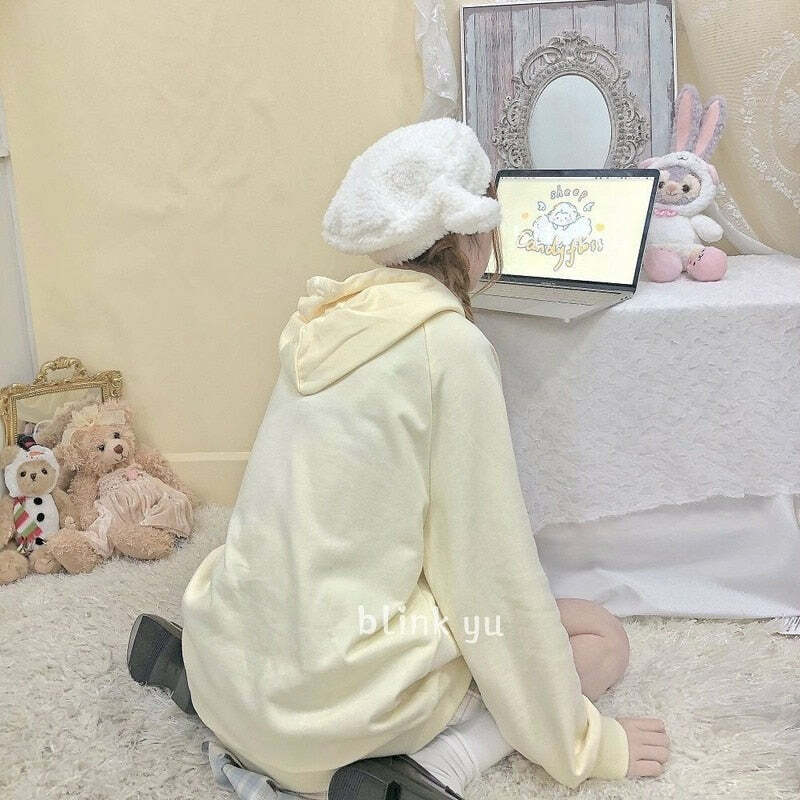 Kawaii Soft Yellow Hoodie - Cute Sheep Y2K Summer Outfit, 90s Fashion, Grunge, Retro Style