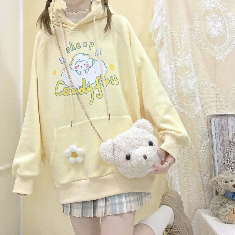 Kawaii Soft Yellow Hoodie - Cute Sheep Y2K Summer Outfit, 90s Fashion, Grunge, Retro Style