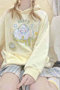 Kawaii Soft Yellow Hoodie - Cute Sheep Y2K Summer Outfit, 90s Fashion, Grunge, Retro Style