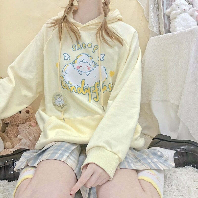 Kawaii Soft Yellow Hoodie - Cute Sheep Y2K Summer Outfit, 90s Fashion, Grunge, Retro Style