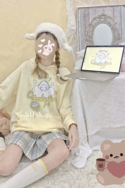 Kawaii Soft Yellow Hoodie - Cute Sheep Y2K Summer Outfit, 90s Fashion, Grunge, Retro Style