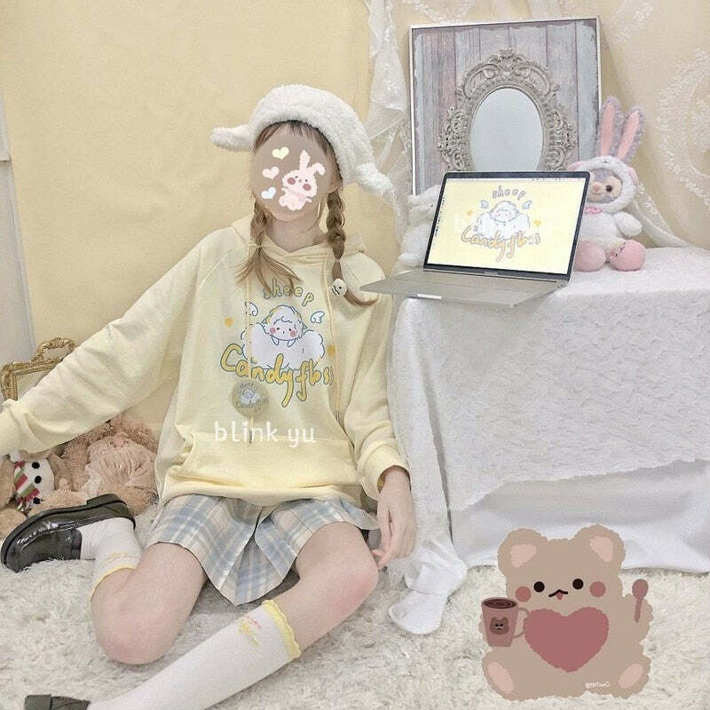 Kawaii Soft Yellow Hoodie - Cute Sheep Y2K Summer Outfit, 90s Fashion, Grunge, Retro Style