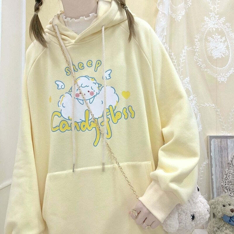 Kawaii Soft Yellow Hoodie - Cute Sheep Y2K Summer Outfit, 90s Fashion, Grunge, Retro Style