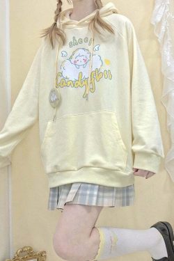 Kawaii Soft Yellow Hoodie - Cute Sheep Y2K Summer Outfit, 90s Fashion, Grunge, Retro Style
