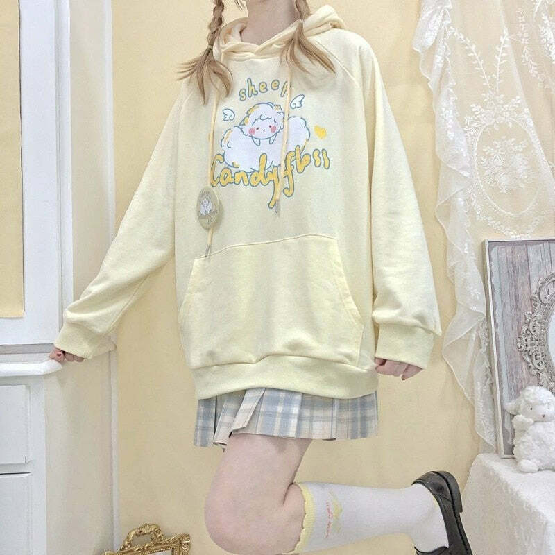 Kawaii Soft Yellow Hoodie - Cute Sheep Y2K Summer Outfit, 90s Fashion, Grunge, Retro Style