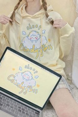 Kawaii Soft Yellow Hoodie - Cute Sheep Y2K Summer Outfit, 90s Fashion, Grunge, Retro Style