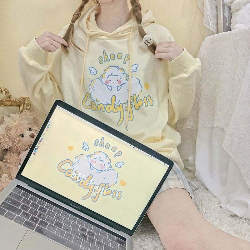 Kawaii Soft Yellow Hoodie - Cute Sheep Y2K Summer Outfit, 90s Fashion, Grunge, Retro Style