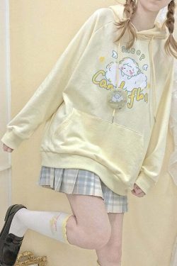 Kawaii Soft Yellow Hoodie - Cute Sheep Y2K Summer Outfit, 90s Fashion, Grunge, Retro Style