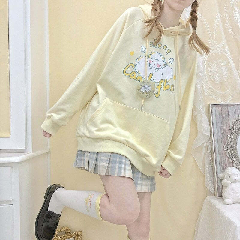 Kawaii Soft Yellow Hoodie - Cute Sheep Y2K Summer Outfit, 90s Fashion, Grunge, Retro Style