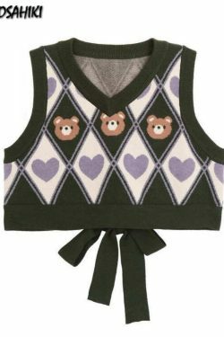 Kawaii Y2K Sweater Vest Bear Hearts Argyle - 90s Grunge, Retro, Pastel Goth, Summer Outfits