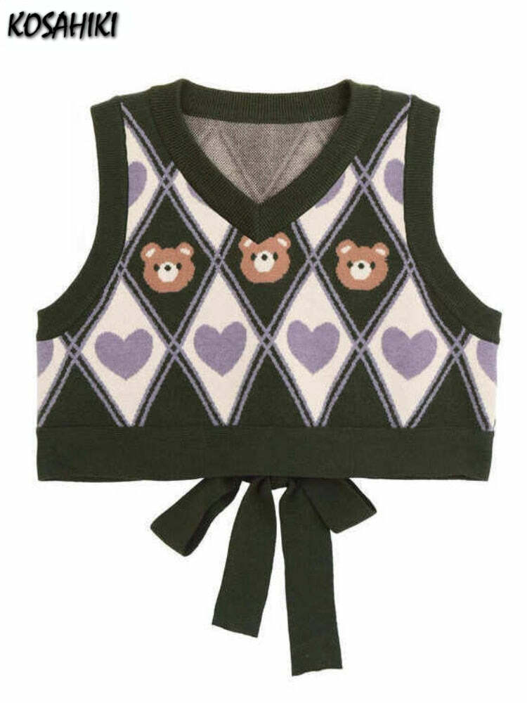 Kawaii Y2K Sweater Vest Bear Hearts Argyle - 90s Grunge, Retro, Pastel Goth, Summer Outfits