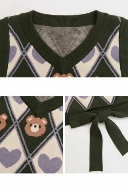 Kawaii Y2K Sweater Vest Bear Hearts Argyle - 90s Grunge, Retro, Pastel Goth, Summer Outfits