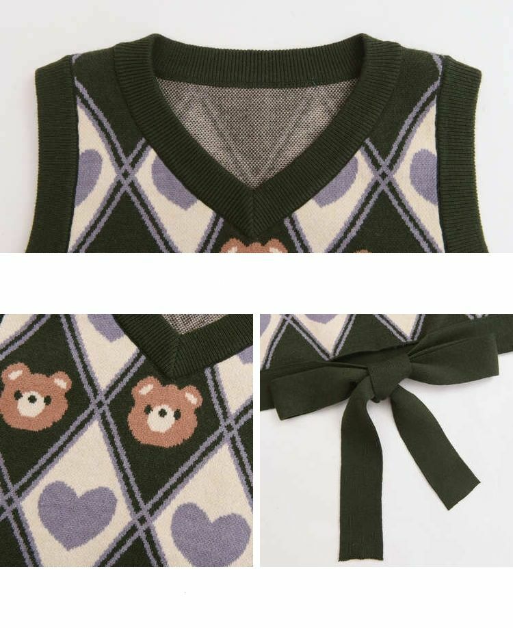 Kawaii Y2K Sweater Vest Bear Hearts Argyle - 90s Grunge, Retro, Pastel Goth, Summer Outfits