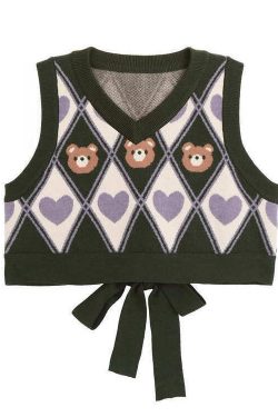 Kawaii Y2K Sweater Vest Bear Hearts Argyle - 90s Grunge, Retro, Pastel Goth, Summer Outfits