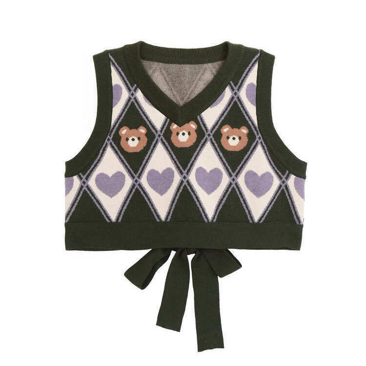 Kawaii Y2K Sweater Vest Bear Hearts Argyle - 90s Grunge, Retro, Pastel Goth, Summer Outfits