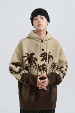 King Palm Y2K Knit Hoodie - Retro 90s Grunge, Summer Outfits, Pastel Goth, Y2K Fashion