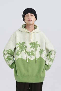 King Palm Y2K Knit Hoodie - Retro 90s Grunge, Summer Outfits, Pastel Goth, Y2K Fashion