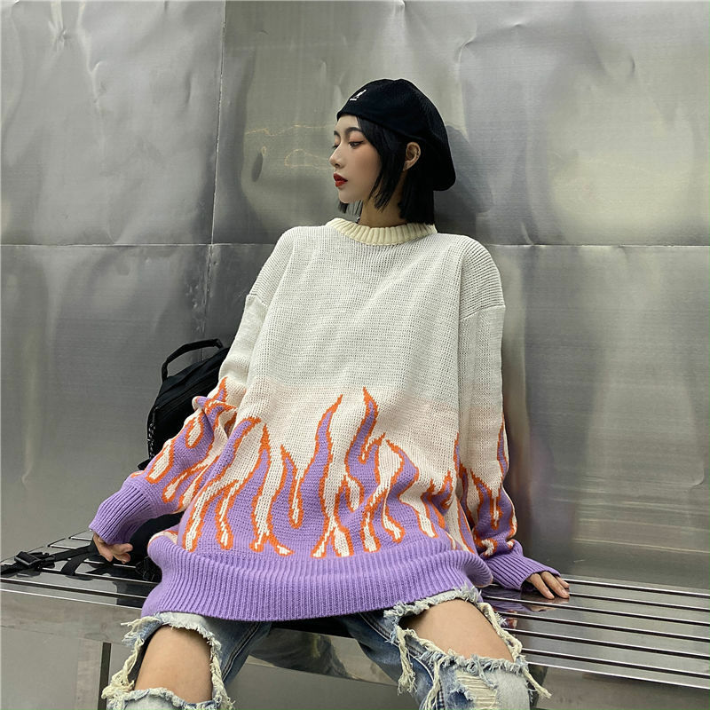 Korean Streetwear Flame Sweater - White Lavender | Y2K Grunge 90s Fashion Retro Style