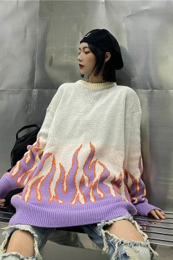 Korean Streetwear Flame Sweater - White Lavender | Y2K Grunge 90s Fashion Retro Style