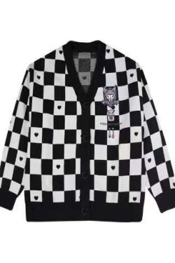 Kuromi Black Checker Cardigan Sweater - Y2K Grunge 90s Fashion, Retro Goth, Summer Y2K Outfits