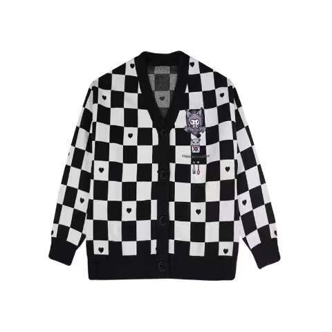 Kuromi Black Checker Cardigan Sweater - Y2K Grunge 90s Fashion, Retro Goth, Summer Y2K Outfits