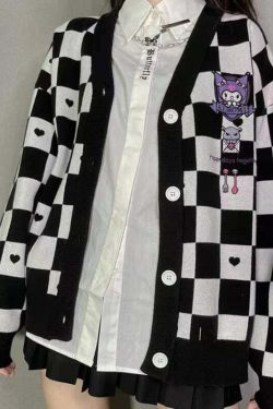 Kuromi Black Checker Cardigan Sweater - Y2K Grunge 90s Fashion, Retro Goth, Summer Y2K Outfits