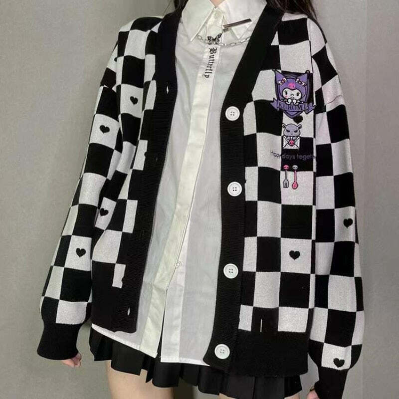 Kuromi Black Checker Cardigan Sweater - Y2K Grunge 90s Fashion, Retro Goth, Summer Y2K Outfits