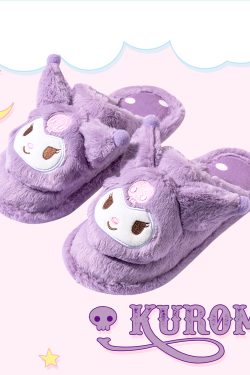 Kuromi Fluffy House Slippers - MINISO x SANRIO, Y2K Grunge, 90s Retro, Pastel Goth Style