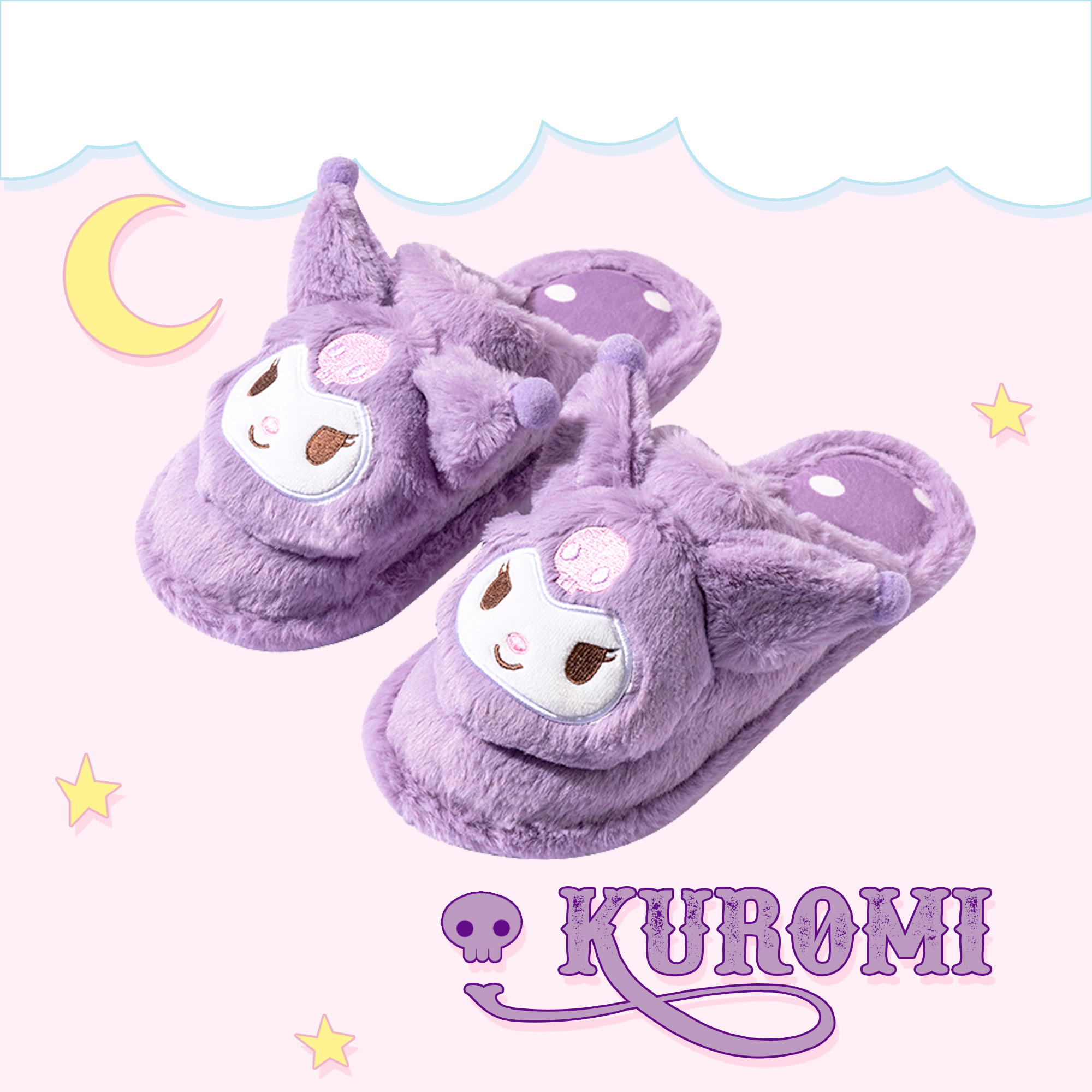 Kuromi Fluffy House Slippers - MINISO x SANRIO, Y2K Grunge, 90s Retro, Pastel Goth Style