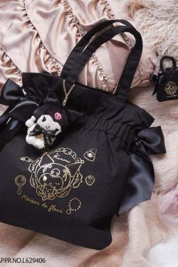 Kuromi x Maison de FLEUR Y2K Grunge Gingham Ribbon Tote Bag - Retro 90s Fashion Accessory