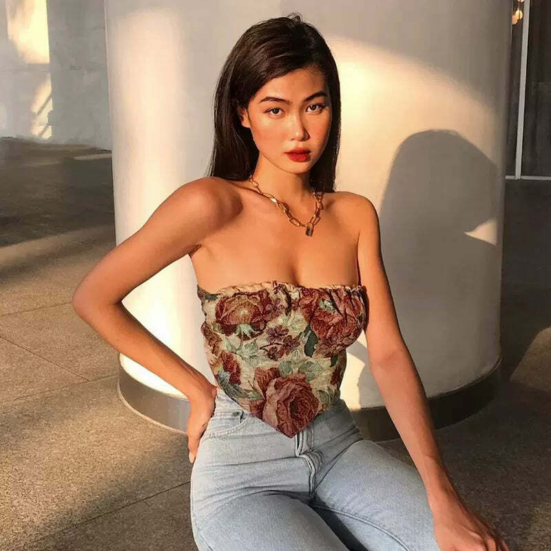 Laia Vintage Floral Strapless Tube Top - Y2K Summer, 90s Grunge, Retro Party Outfit