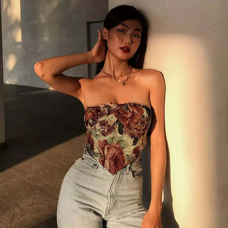 Laia Vintage Floral Strapless Tube Top - Y2K Summer, 90s Grunge, Retro Party Outfit