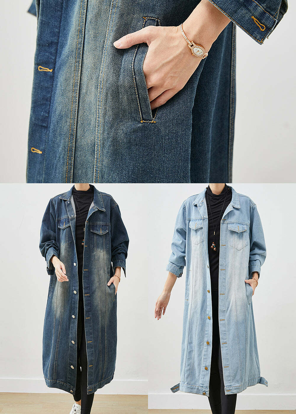 Light Blue Denim Trench - Oversized Button Down Y2K Summer Grunge 90s Fashion Retro Style