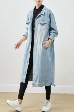 Light Blue Denim Trench - Oversized Button Down Y2K Summer Grunge 90s Fashion Retro Style