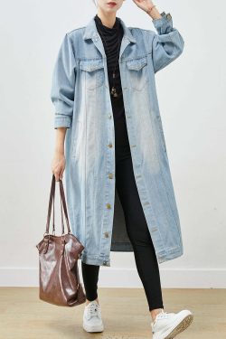 Light Blue Denim Trench - Oversized Button Down Y2K Summer Grunge 90s Fashion Retro Style