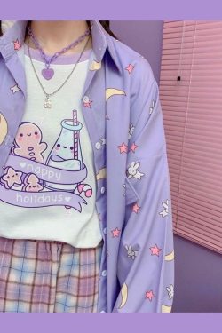 Lilac Moon Button-Up Shirt - Y2K Summer, 90s Fashion, Grunge, Retro, Pastel Goth, Y2K Club