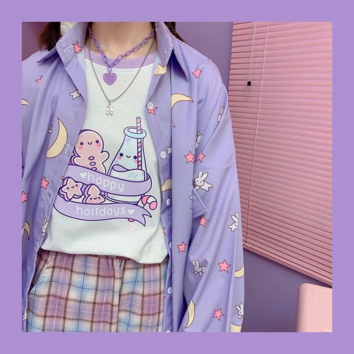 Lilac Moon Button-Up Shirt - Y2K Summer, 90s Fashion, Grunge, Retro, Pastel Goth, Y2K Club